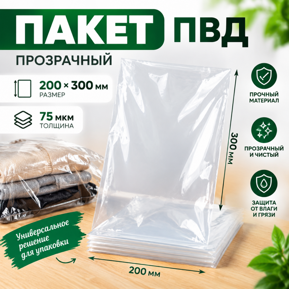 Пакет ПВД прозрачный 200*300 мм (75 мкм)