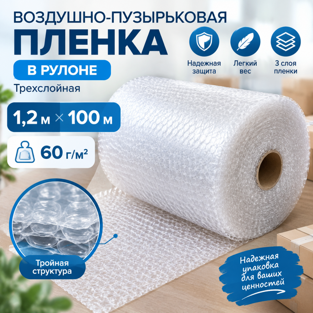  Воздушно-пузырьковая пленка в рулоне, трехслойная, 1,2м*100м, 60 г/м²