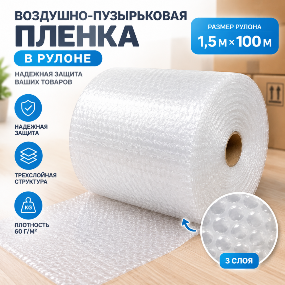  Воздушно-пузырьковая пленка в рулоне, трехслойная, 1,5м*100м, 60 г/м²