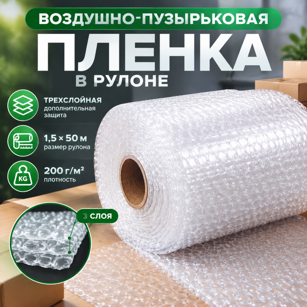  Воздушно-пузырьковая пленка в рулоне, трехслойная, 1,5м*50м, 200 г/м²