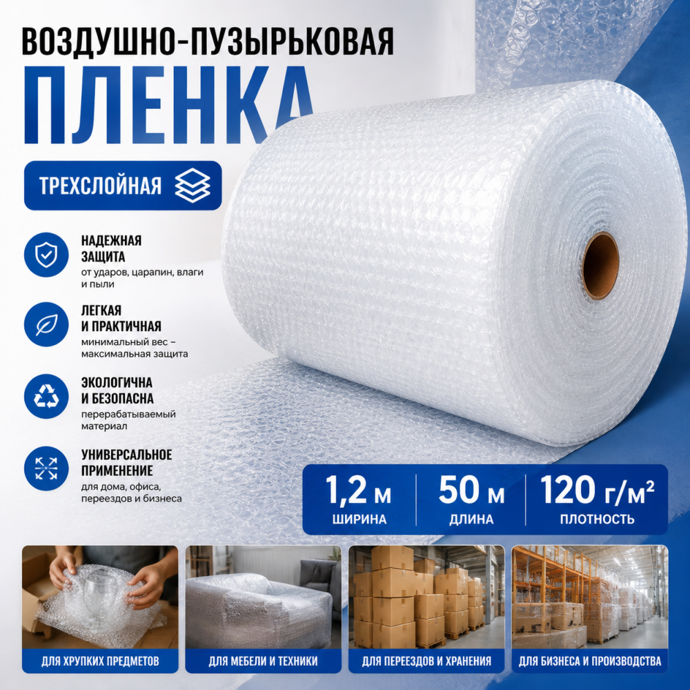  Воздушно-пузырьковая пленка в рулоне, трехслойная, 1,2м*50м, 120 г/м²