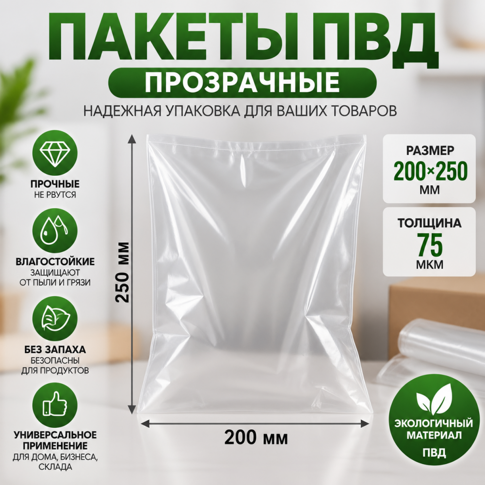 Пакет ПВД прозрачный 200*250 мм (75 мкм)