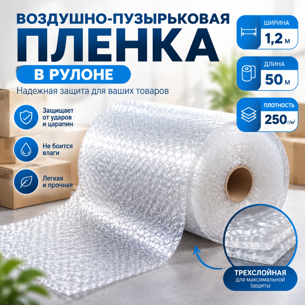  Воздушно-пузырьковая пленка в рулоне, трехслойная, 1,2м*50м, 250 г/м²