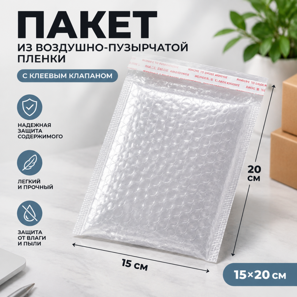 Пакет из воздушно-пузырчатой пленки с клеевым клапаном 15*20 см