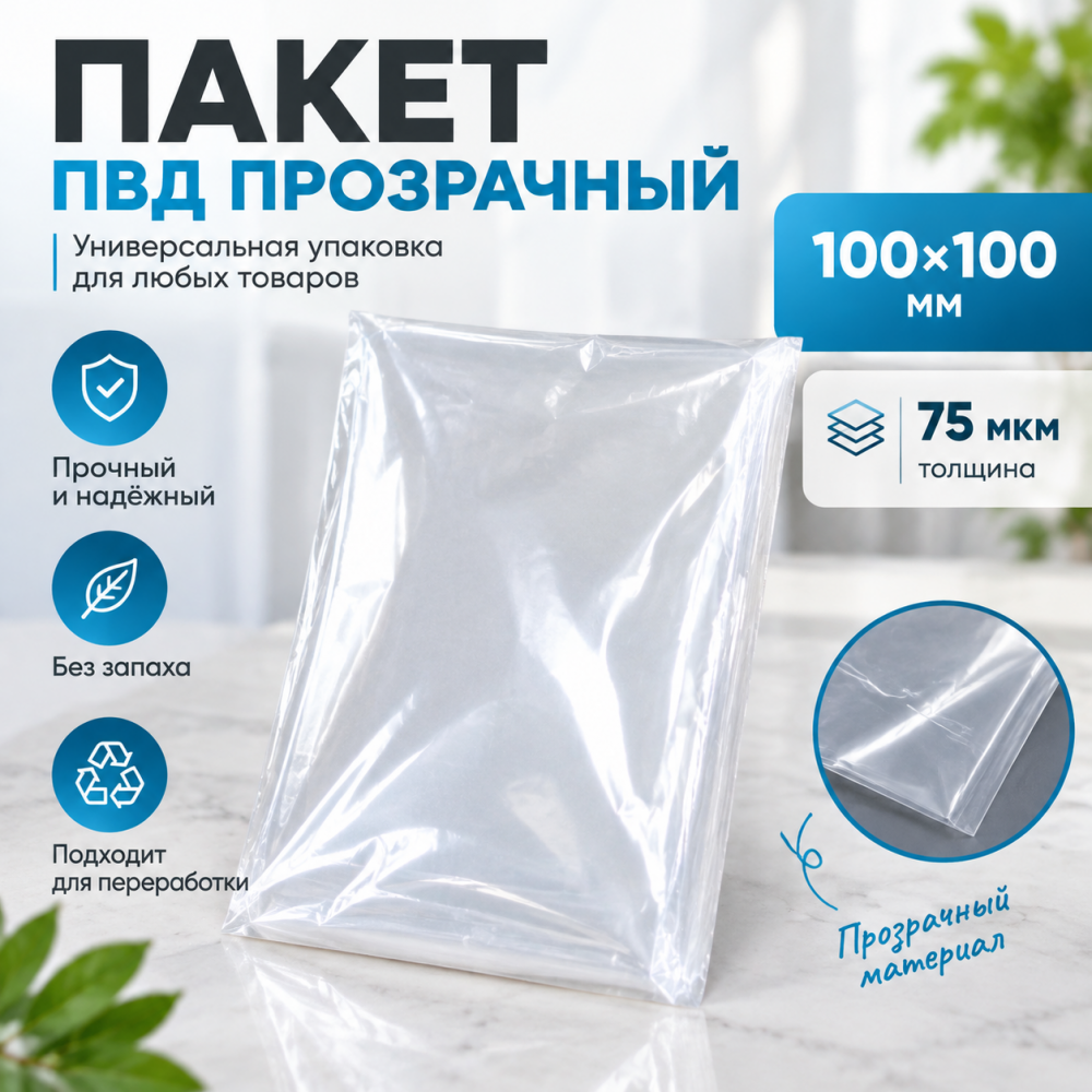 Пакет ПВД прозрачный 100*100 мм (75 мкм)