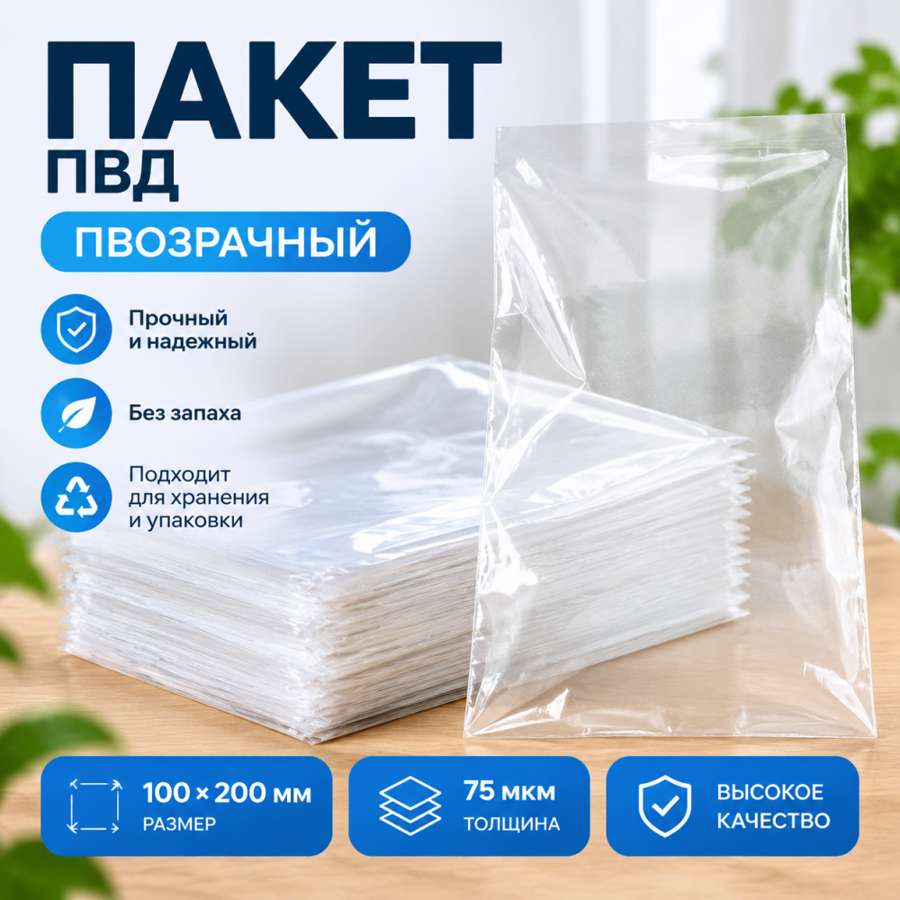 Пакет ПВД прозрачный 100*200 мм (75 мкм)