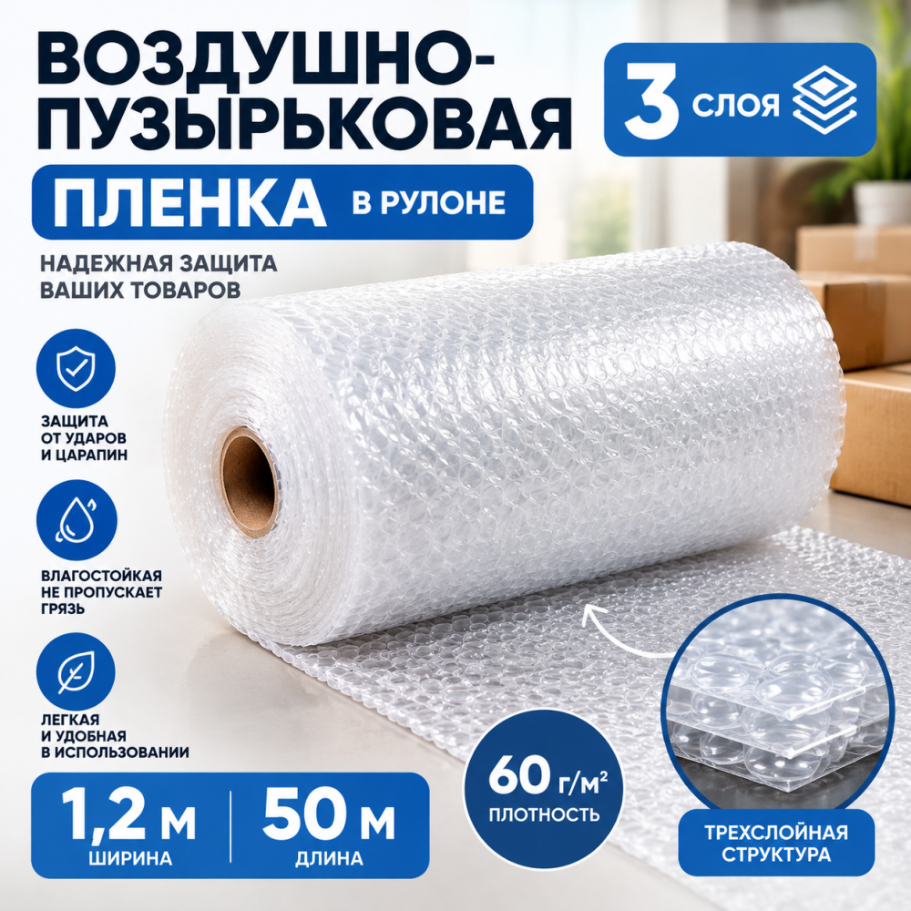 Воздушно-пузырьковая пленка в рулоне, трехслойная, 1,2м*50м, 60 г/м²