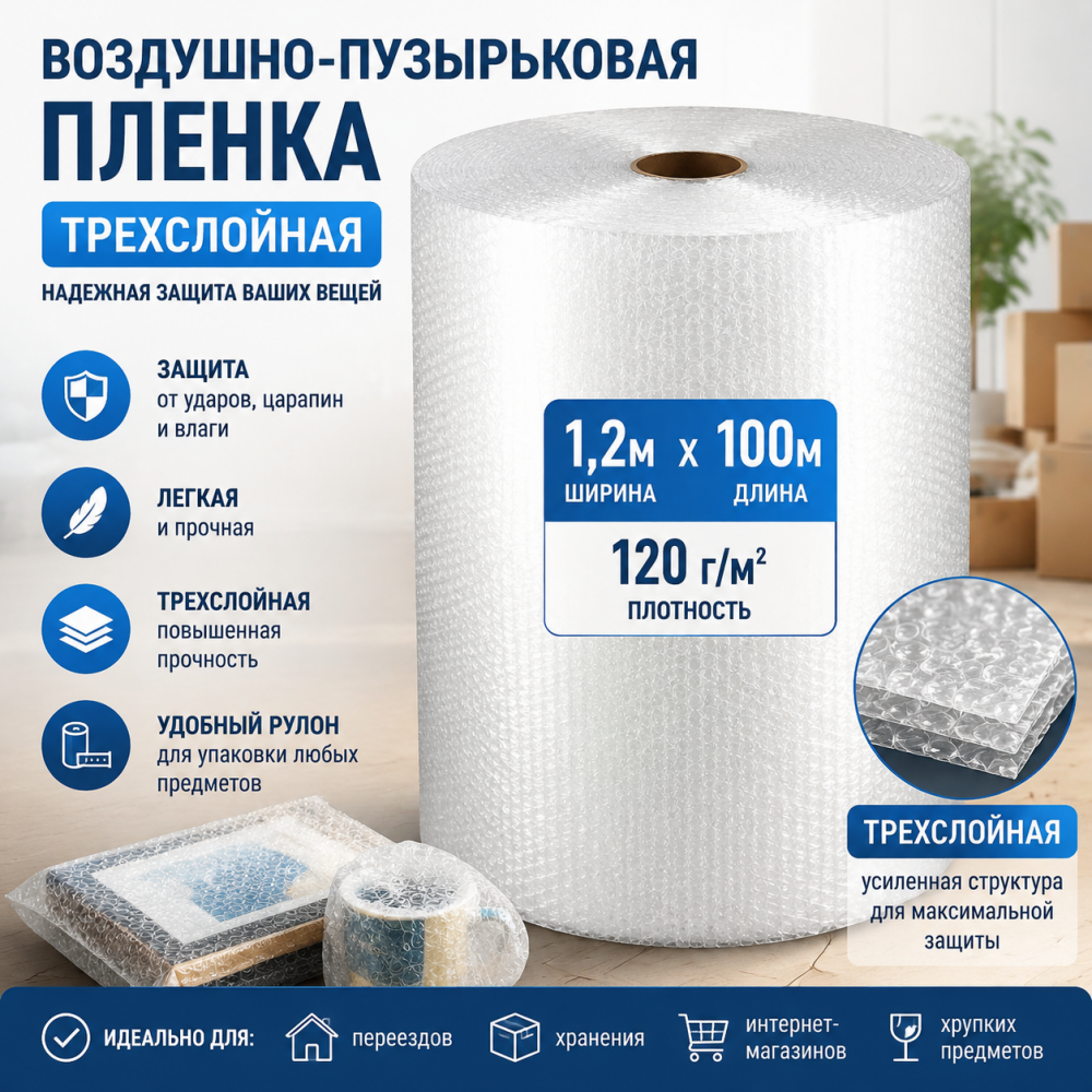  Воздушно-пузырьковая пленка в рулоне, трехслойная, 1,2м*100м, 120 г/м²