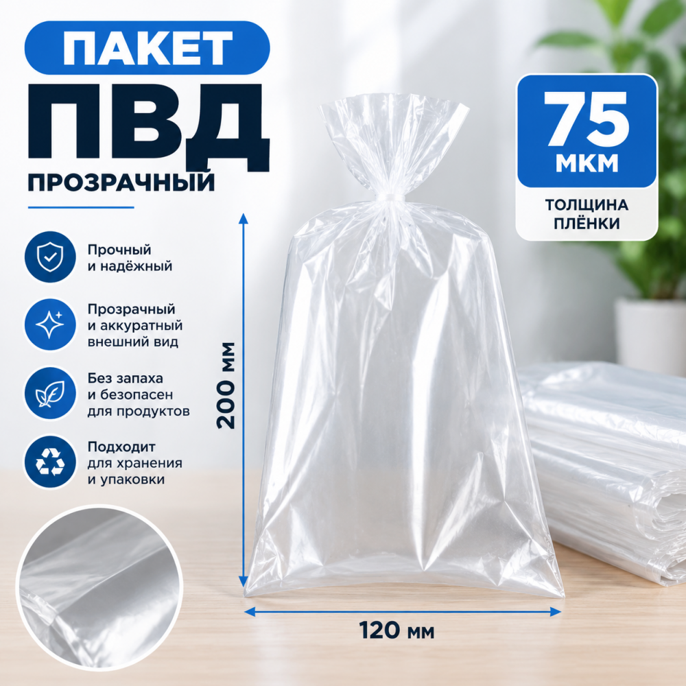 Пакет ПВД прозрачный 120*200 мм (75 мкм)