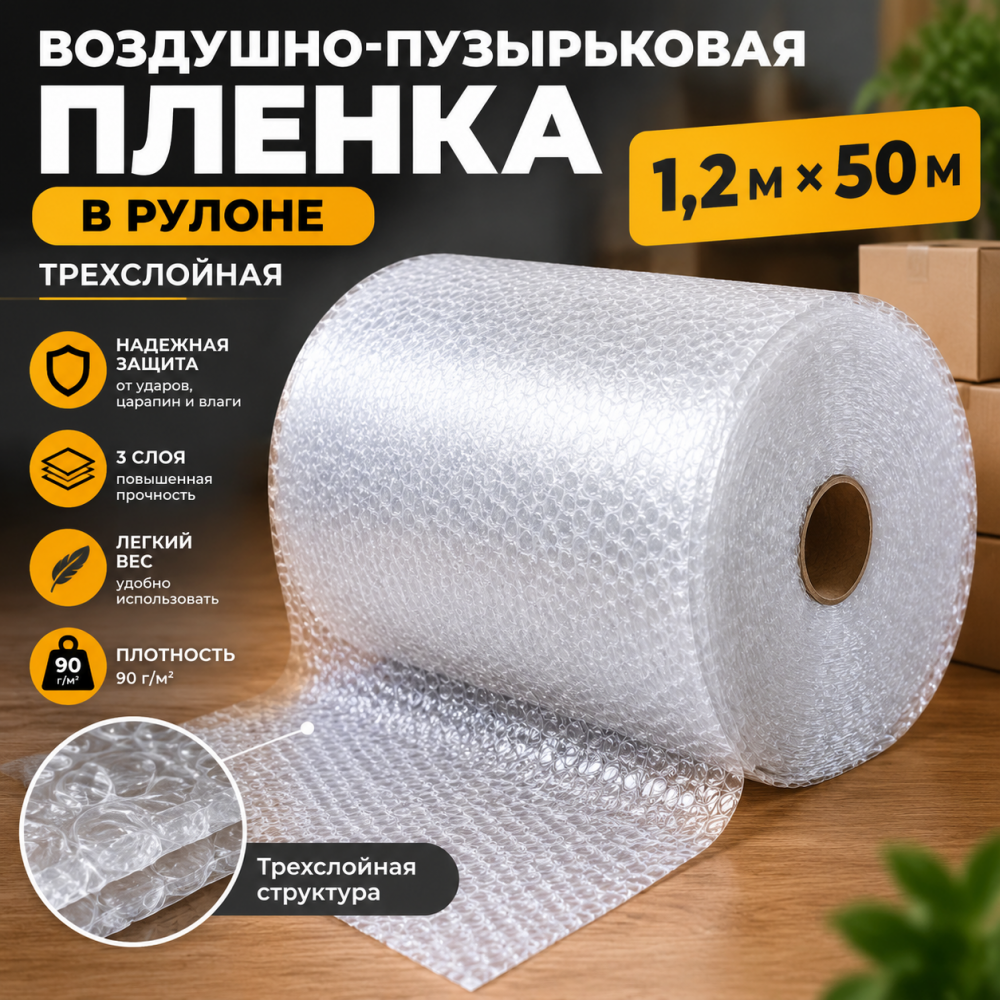  Воздушно-пузырьковая пленка в рулоне, трехслойная, 1,2м*50м, 90 г/м²