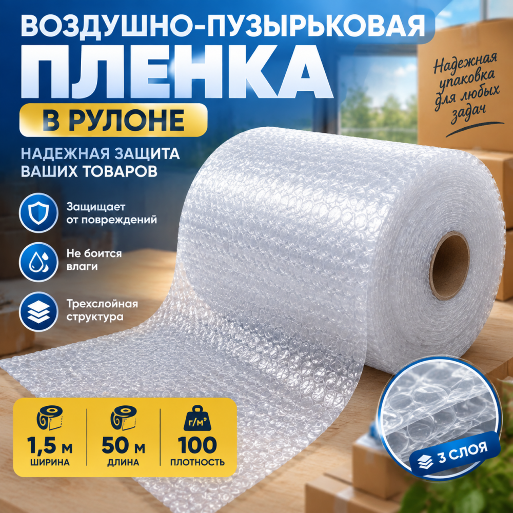  Воздушно-пузырьковая пленка в рулоне, трехслойная, 1,5м*50м, 100 г/м²