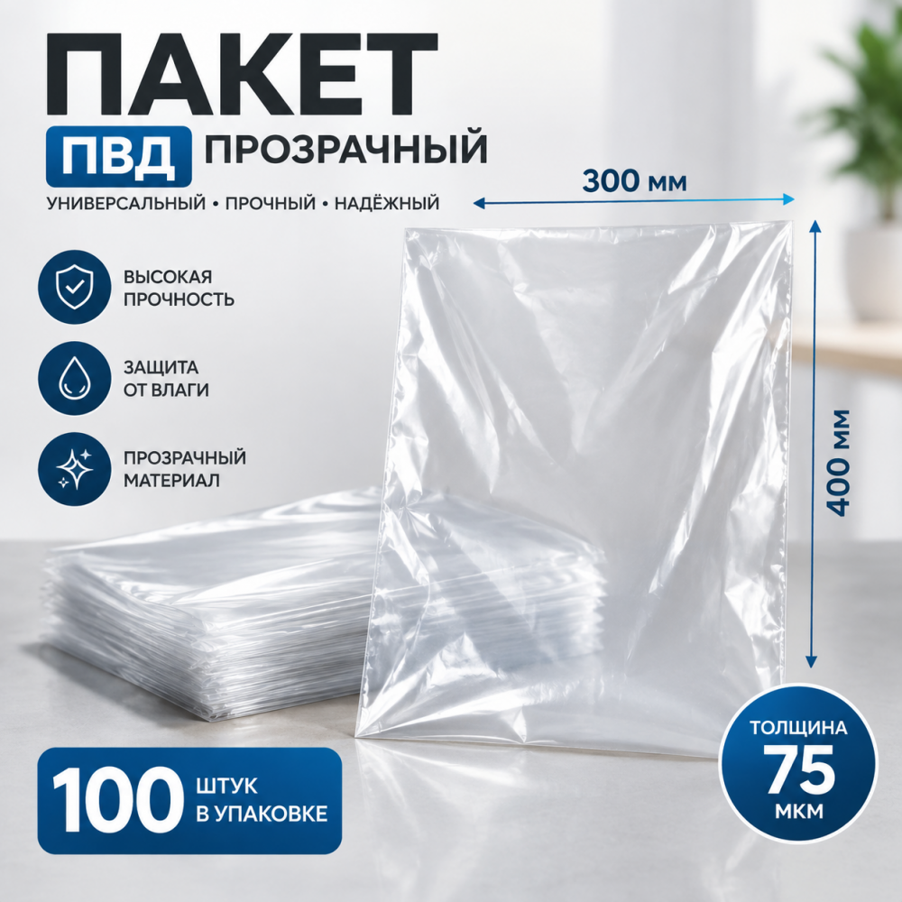 Пакет ПВД прозрачный 300*400 мм (75 мкм)