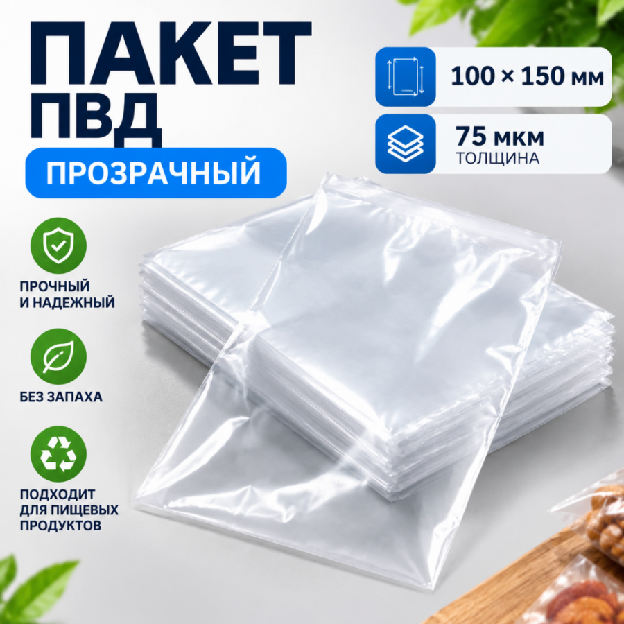 Пакет ПВД прозрачный 100*150 мм (75 мкм)