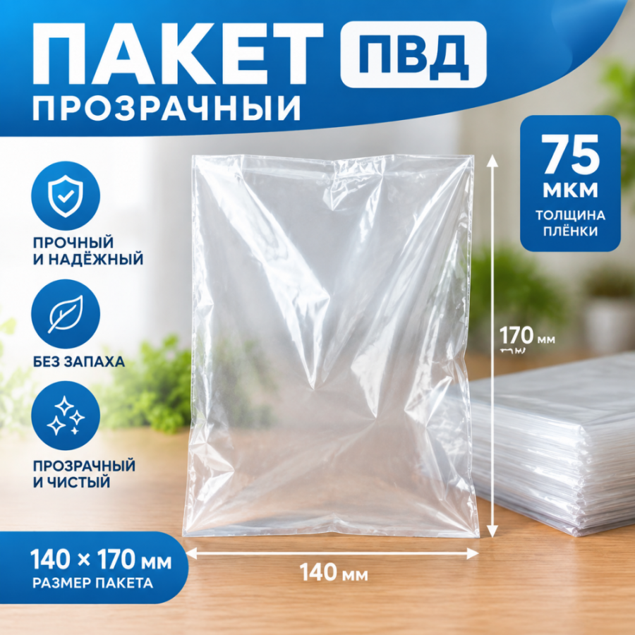 Пакет ПВД прозрачный 140*170 мм (75 мкм)