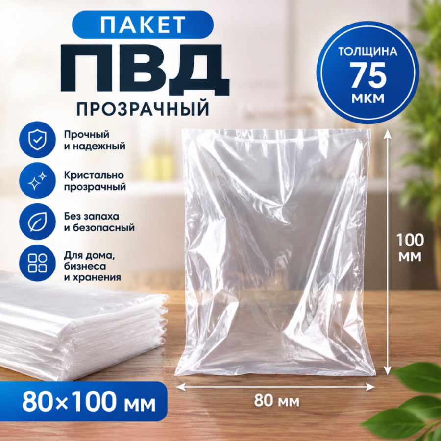 Пакет ПВД прозрачный 80*100 мм (75 мкм)
