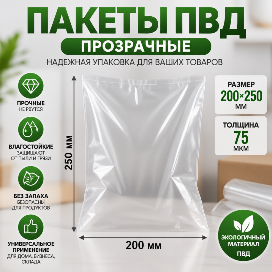 Пакет ПВД прозрачный 200*250 мм (75 мкм)