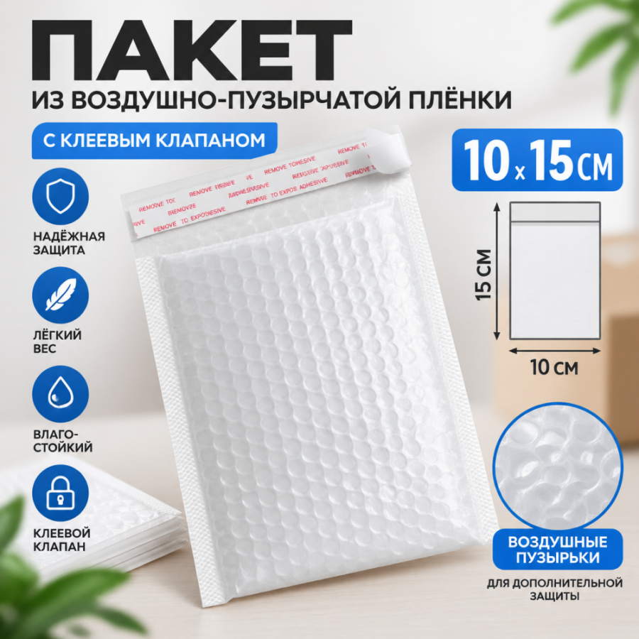 Пакет из воздушно-пузырчатой пленки с клеевым клапаном 10*15 см