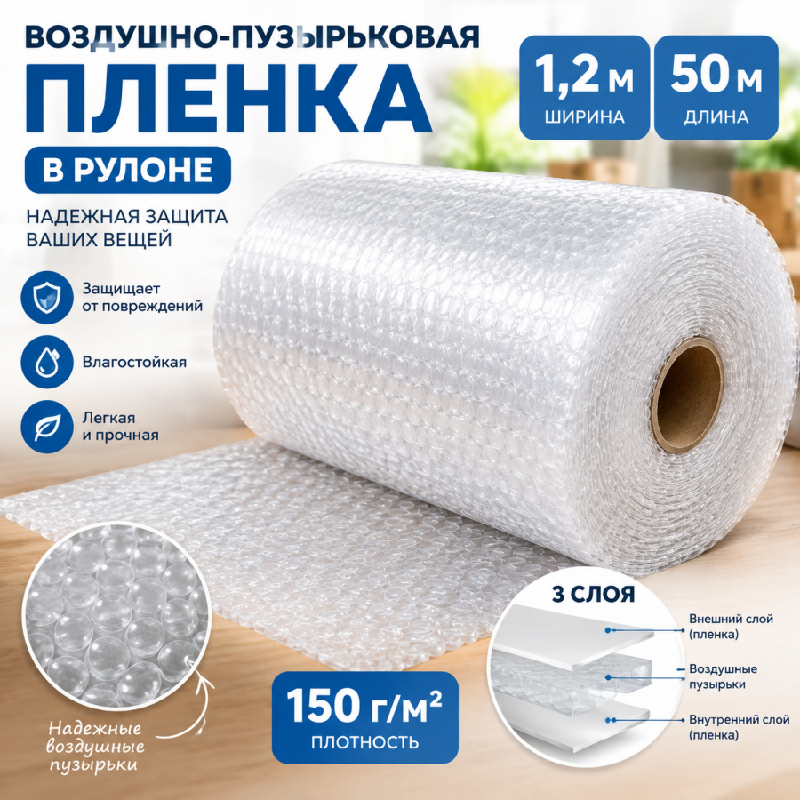  Воздушно-пузырьковая пленка в рулоне, трехслойная, 1,2м*50м, 150 г/м²