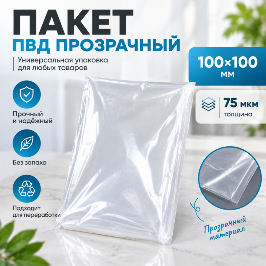 Пакет ПВД прозрачный 100*100 мм (75 мкм)