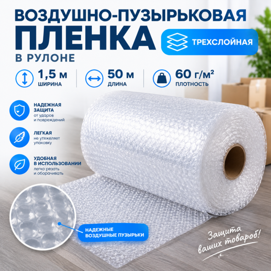  Воздушно-пузырьковая пленка в рулоне, трехслойная, 1,5м*50м, 60 г/м²