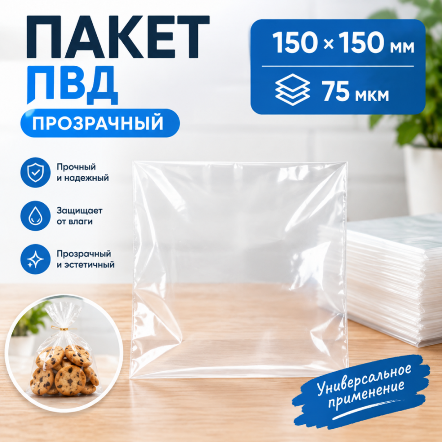 Пакет ПВД прозрачный 150*150 мм (75 мкм)