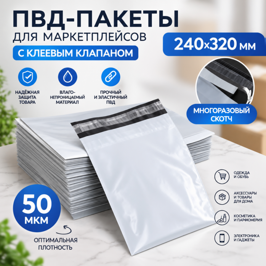 ПВД-пакеты для маркетплейсов с клеевым клапаном, 240х320мм, 50 мкм (многоразовый скотч)