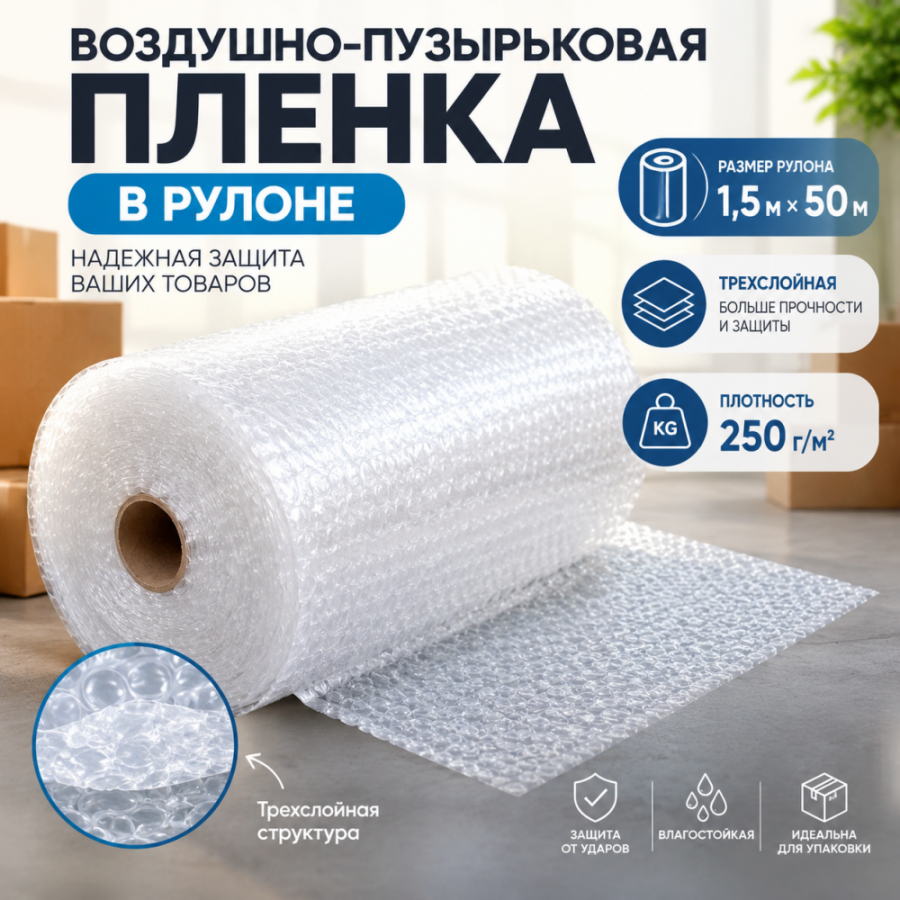  Воздушно-пузырьковая пленка в рулоне, трехслойная, 1,5м*50м, 250 г/м²