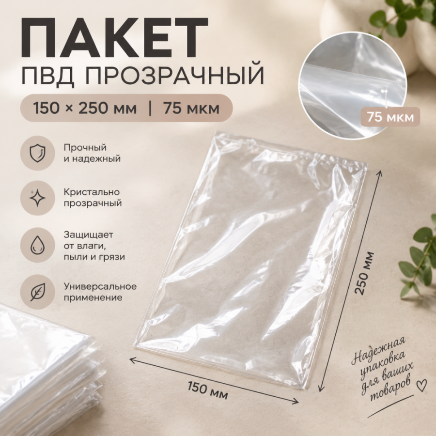 Пакет ПВД прозрачный 150*250 мм (75 мкм)