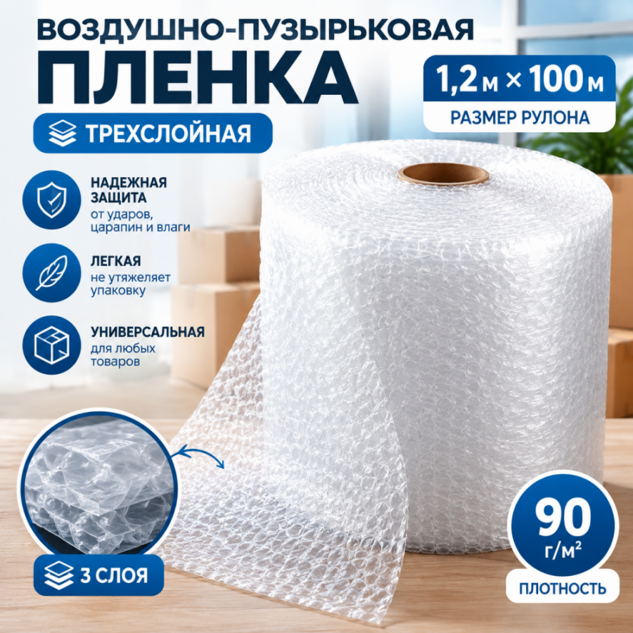  Воздушно-пузырьковая пленка в рулоне, трехслойная, 1,2м*100м, 90 г/м²