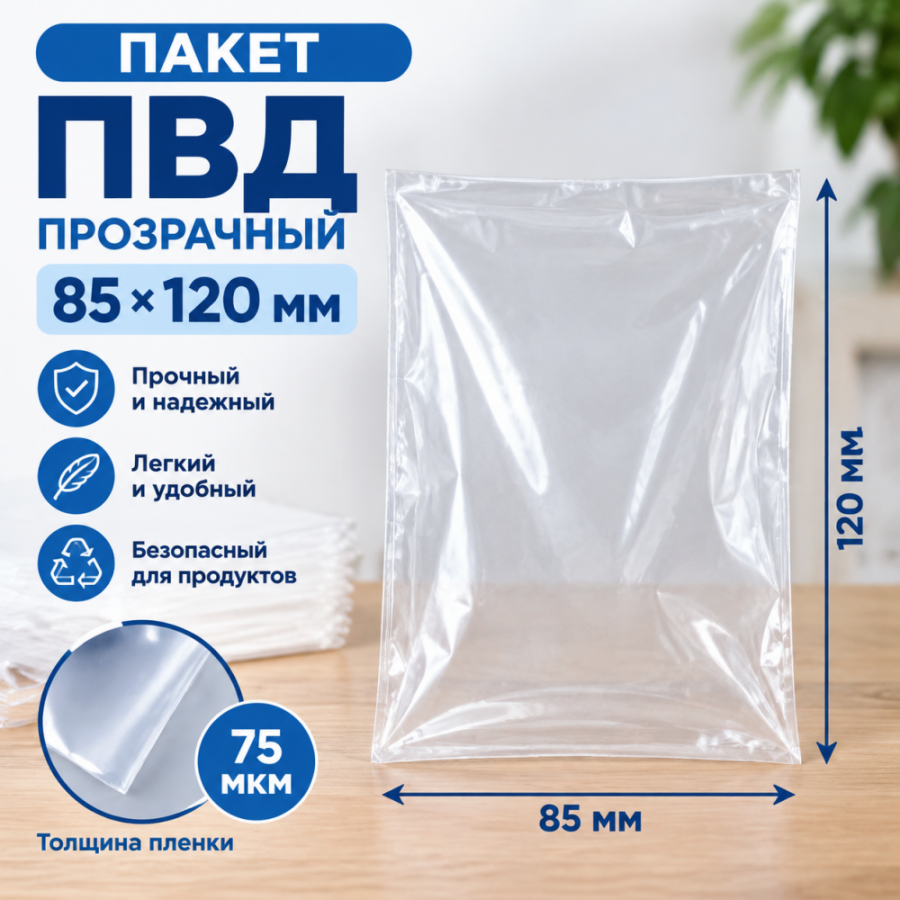 Пакет ПВД прозрачный 85*120 мм (75 мкм)